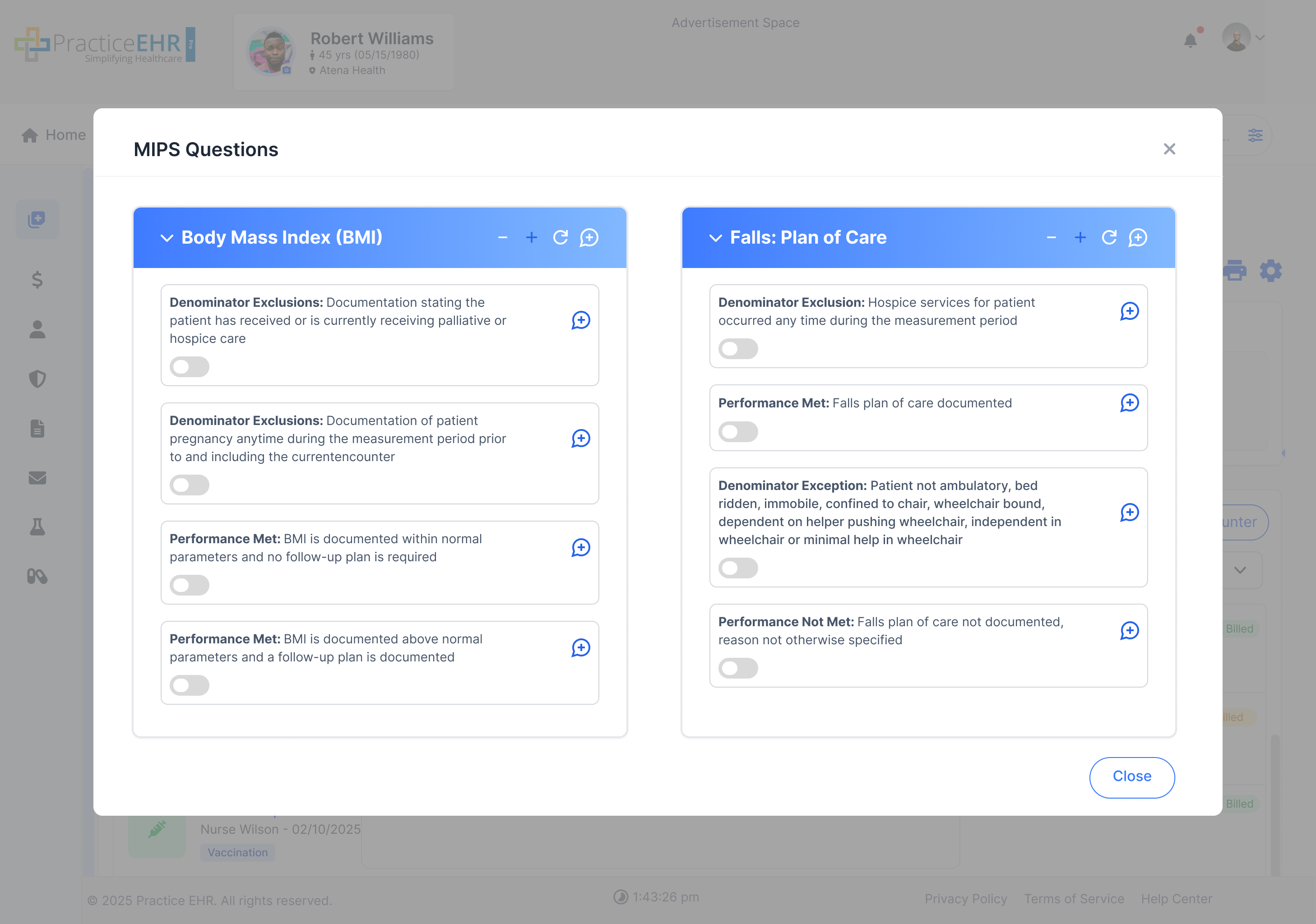 MIPS Questions modal for MIPS acceptance